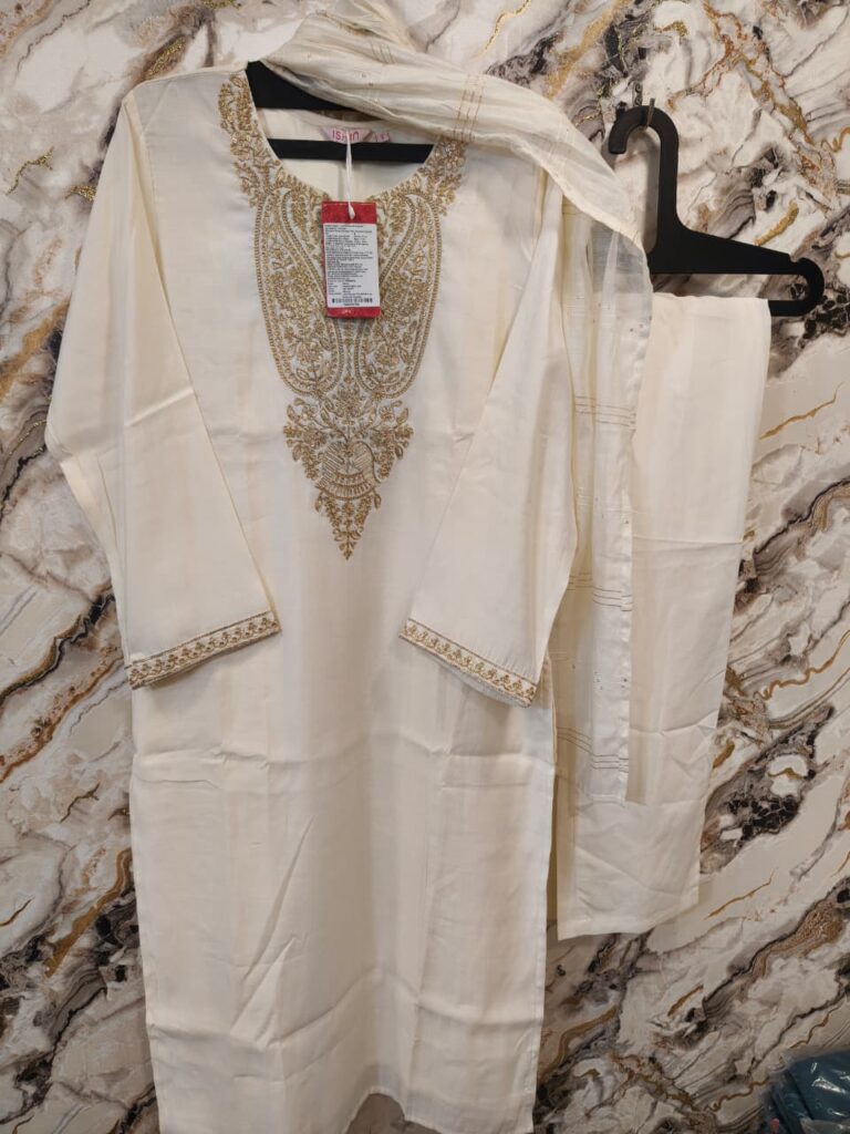 Gold Embroidery White Dress - Mahira Fashion
