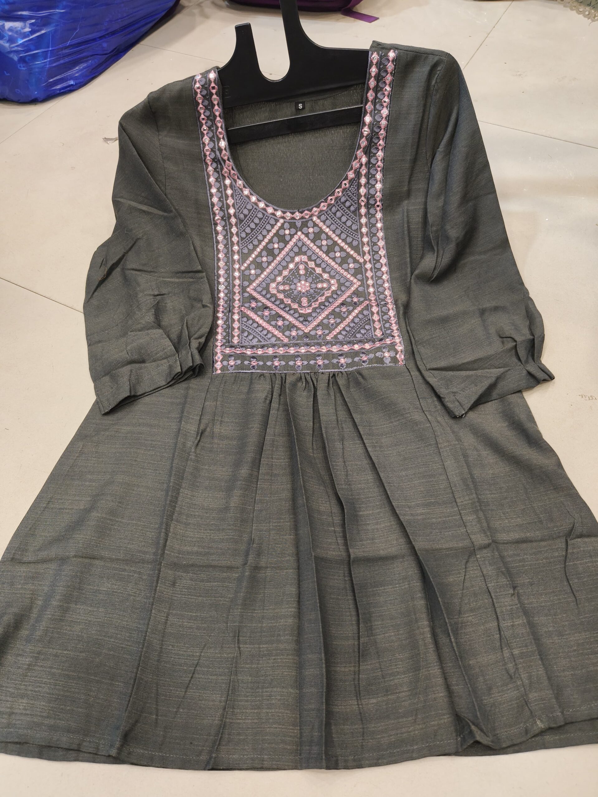 gray tunic with neck embroidery