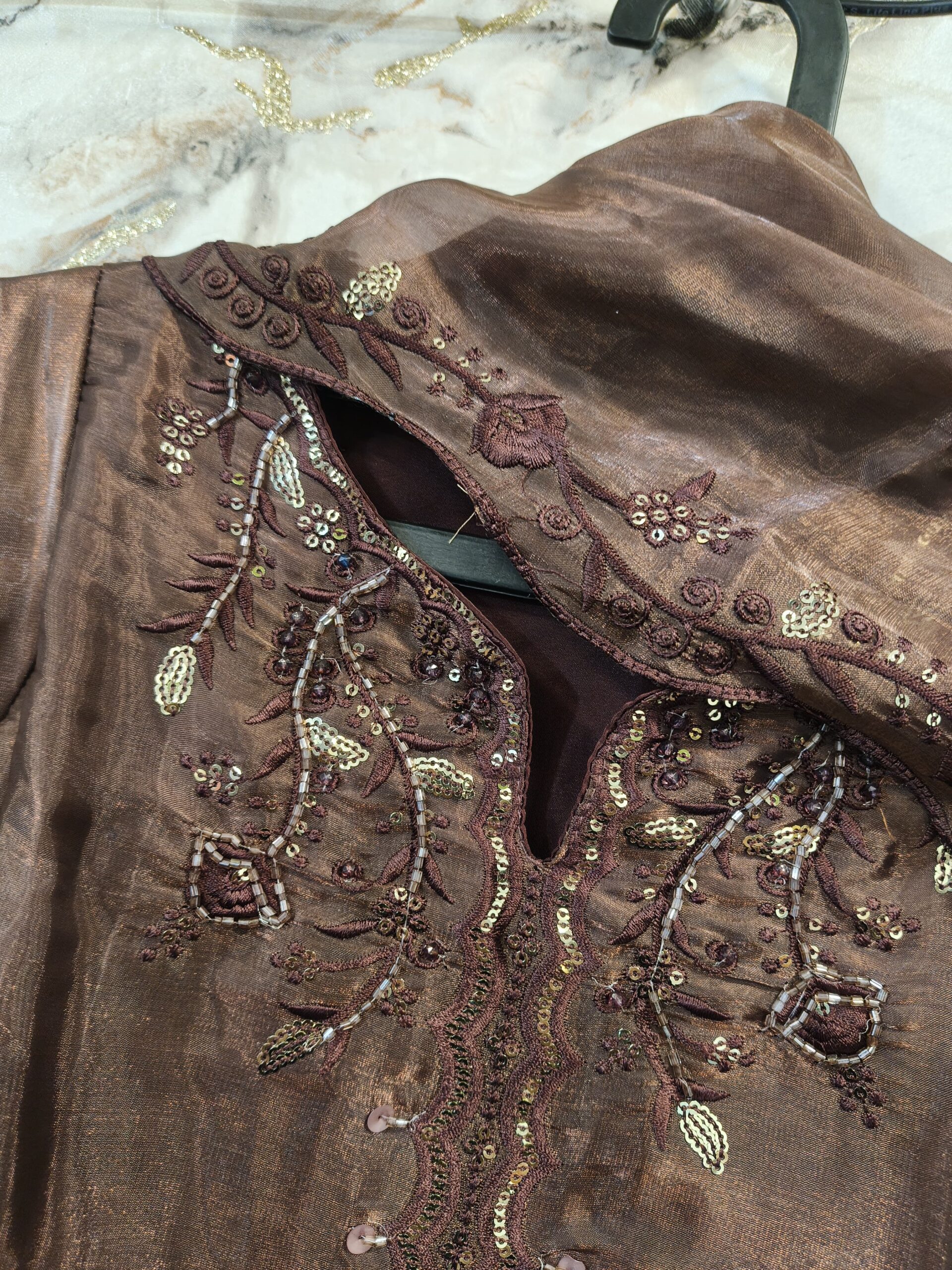 brown cut work dress