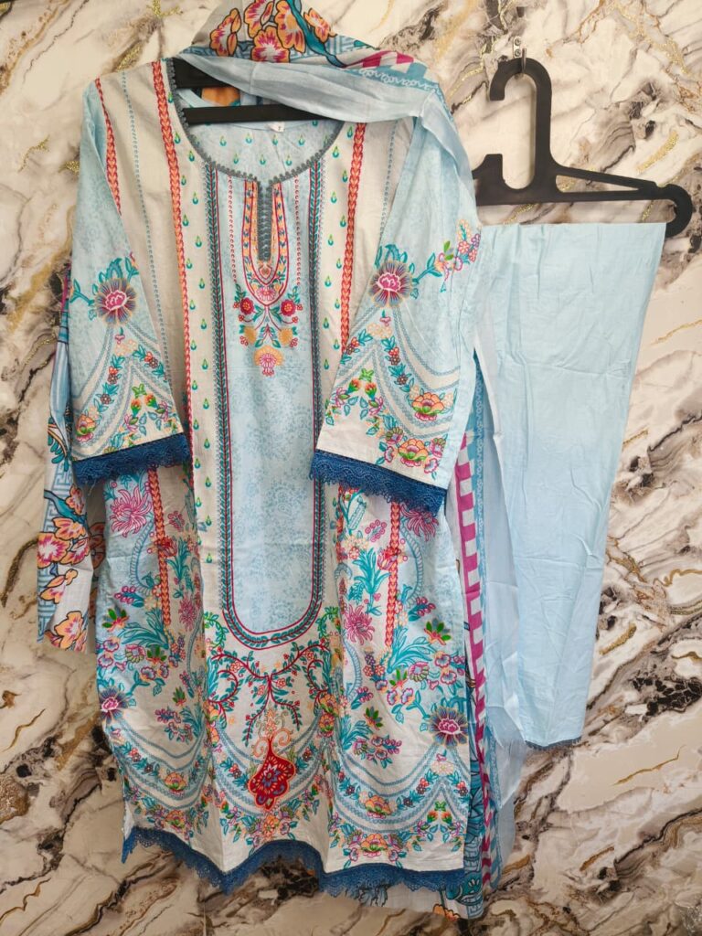 Pure Cotton Pakistani Stiched Dress Light Blue - Mahira Fashion