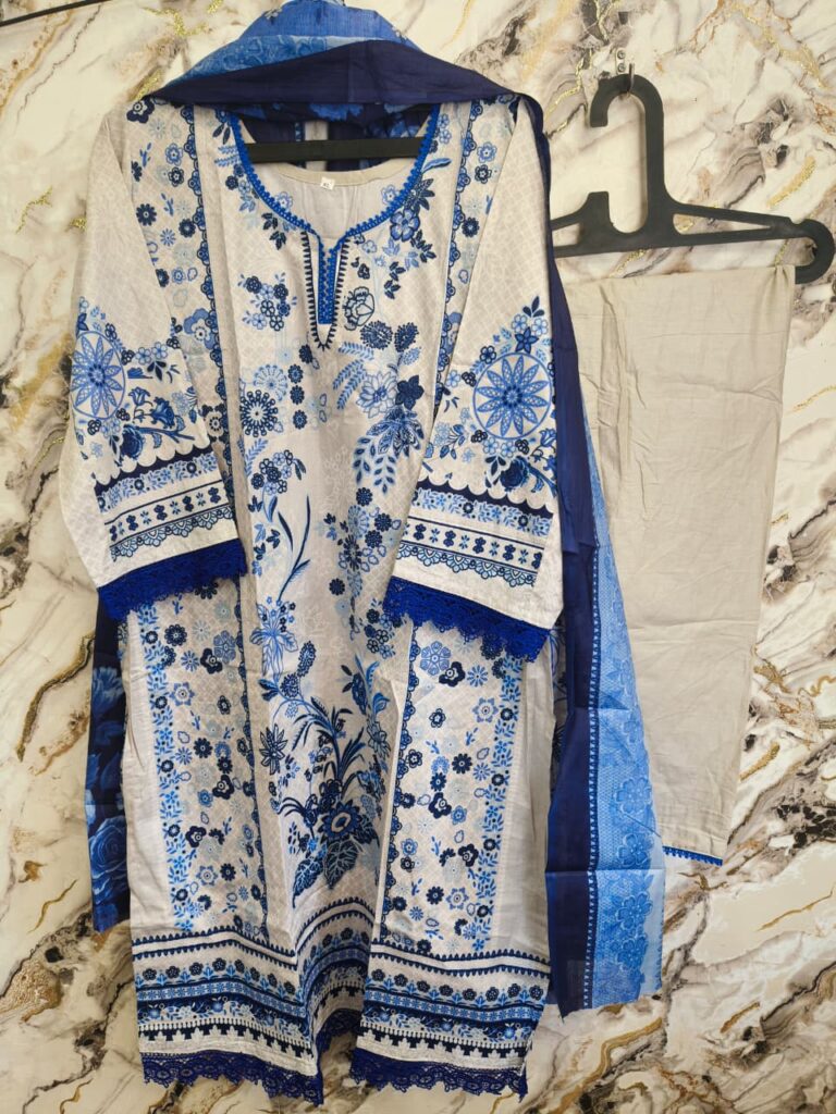 Pakistani Stiched Dresses Pure Cotton Blue And White - Mahira Fashion