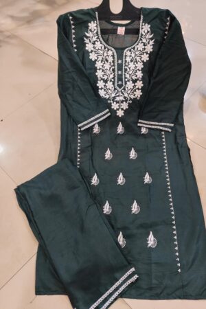 luckhnovy heavy chikenkari dress-dark green mahira fashion