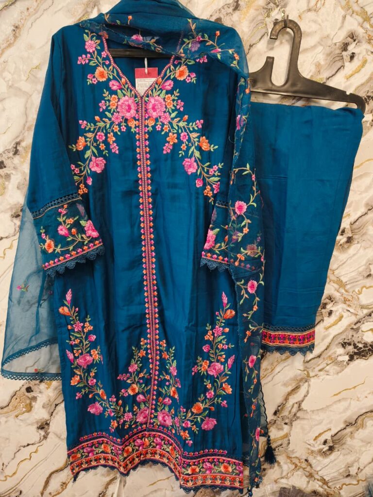 Heavy Kashmiri Outfit- Blue With Pink Work - Mahira Fashion
