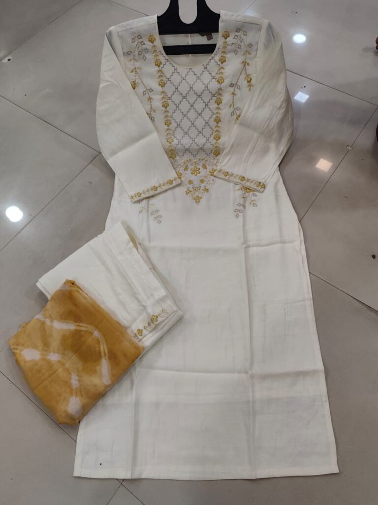 Embroidery Outfit With Dupatta-yellow White - Mahira Fashion