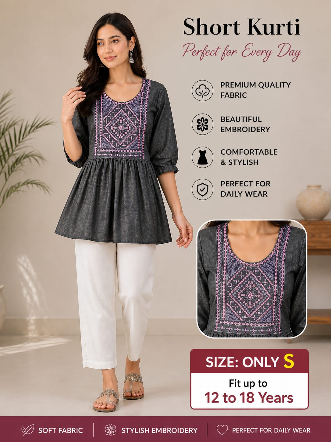 Tunic with neck embroidery -Mahira fashion