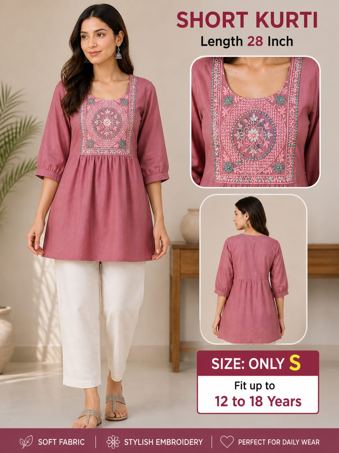 Tunic with neck embroidery pink -Mahira fashion