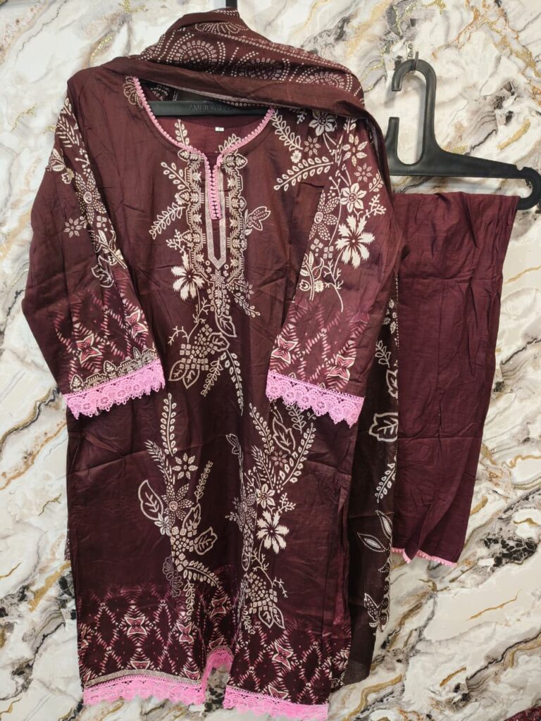 Pakistani Stiched Dress Pure Cotton 3pc Suit-brown - Mahira Fashion