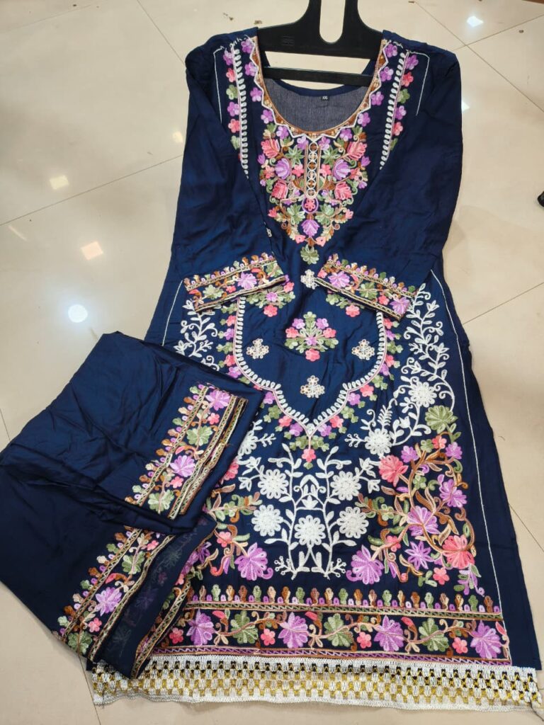 Kashmiri Embroidered Suit For Women - 3 Pc Set -nevy Blue - Mahira Fashion
