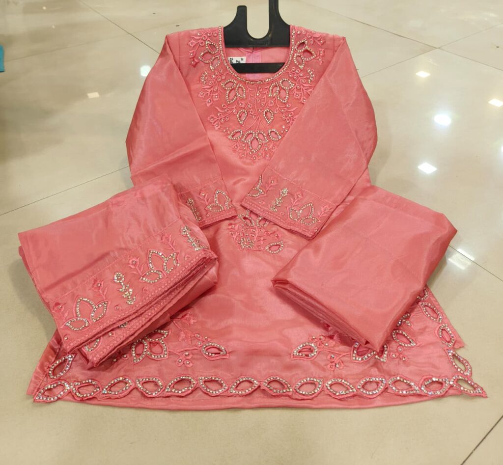 Kids Heavy Stylish Cutwork With Dimond Work Peach 3pc Suit - Mahira Fashion