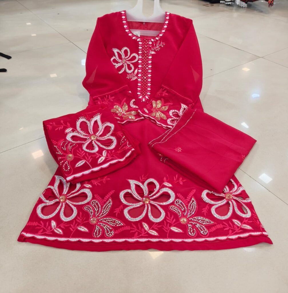 Kids Heavy Stylish Cutwork With Dimond Work Red 3pc Suit - Mahira Fashion