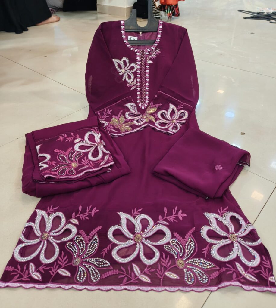 Kids Heavy Stylish Cutwork With Dimond Work Wine 3pc Suit - Mahira Fashion