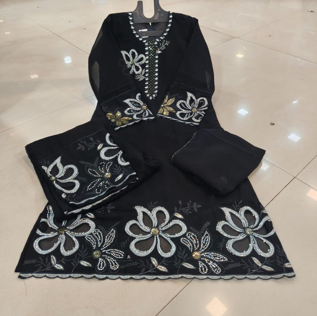 Kids Heavy Stylish Cutwork With Dimond Work Black 3pc Suit - Mahira Fashion