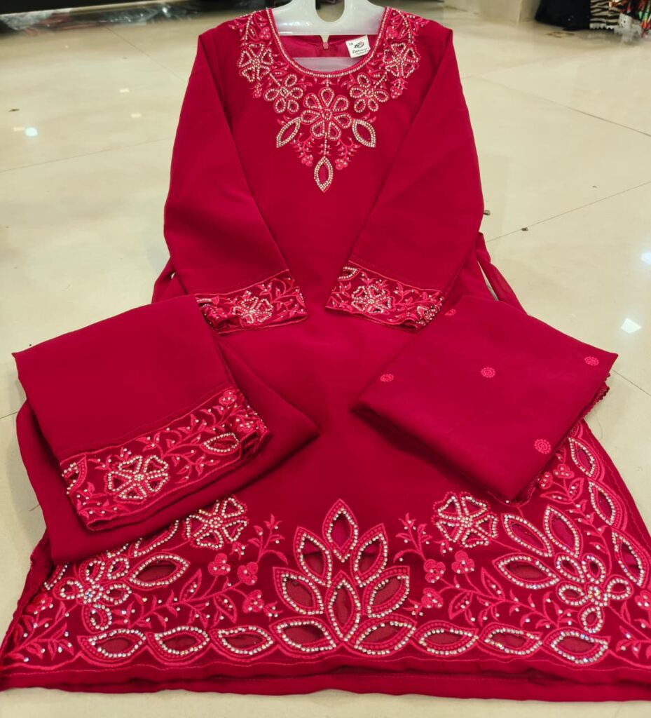 Kids Heavy Stylish Cutwork With Dimond Work Red 3pc Suit - Mahira Fashion