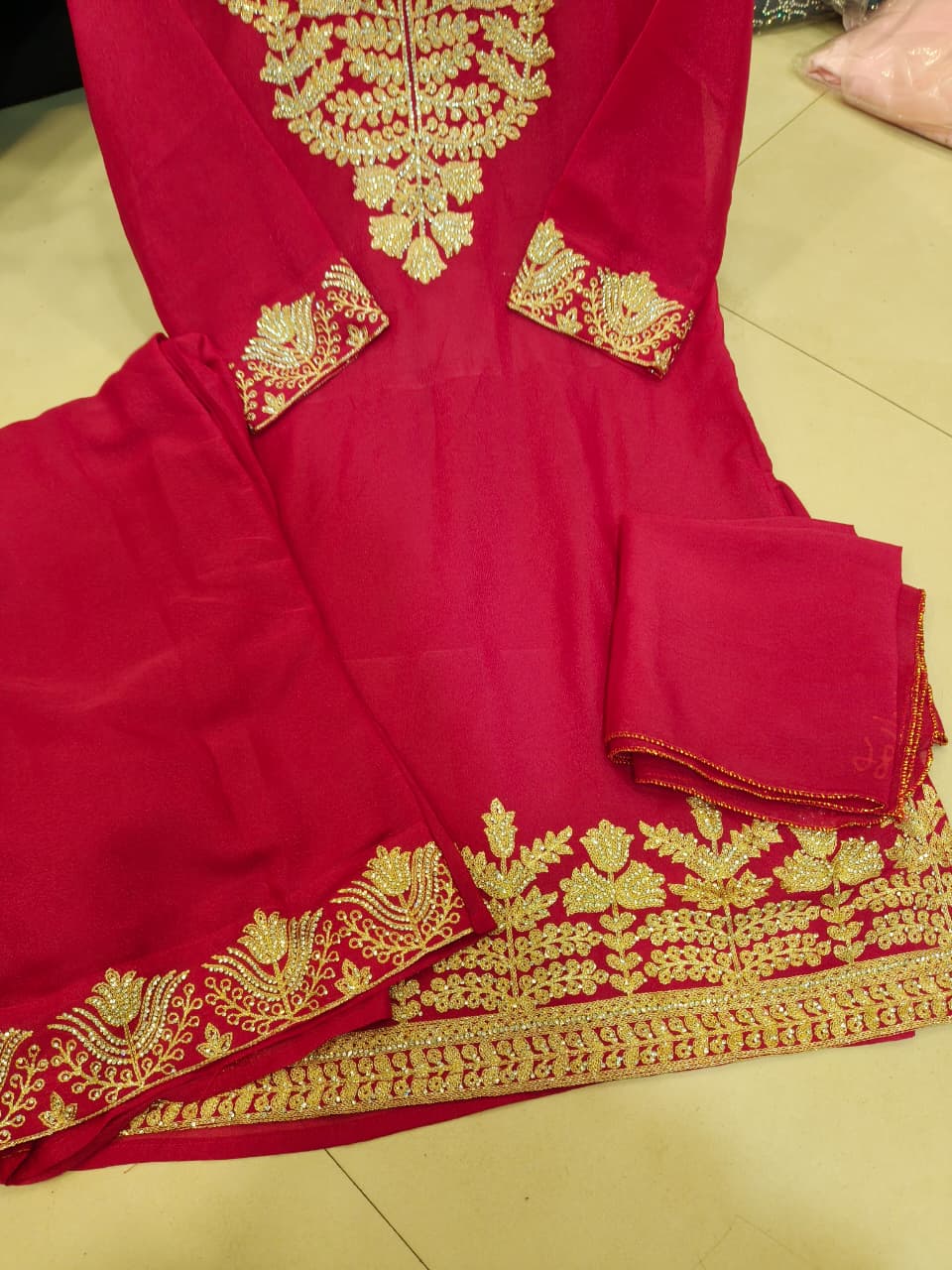 Kids Heavy Stylish Dimond And Zari Work Dress Red - view 4