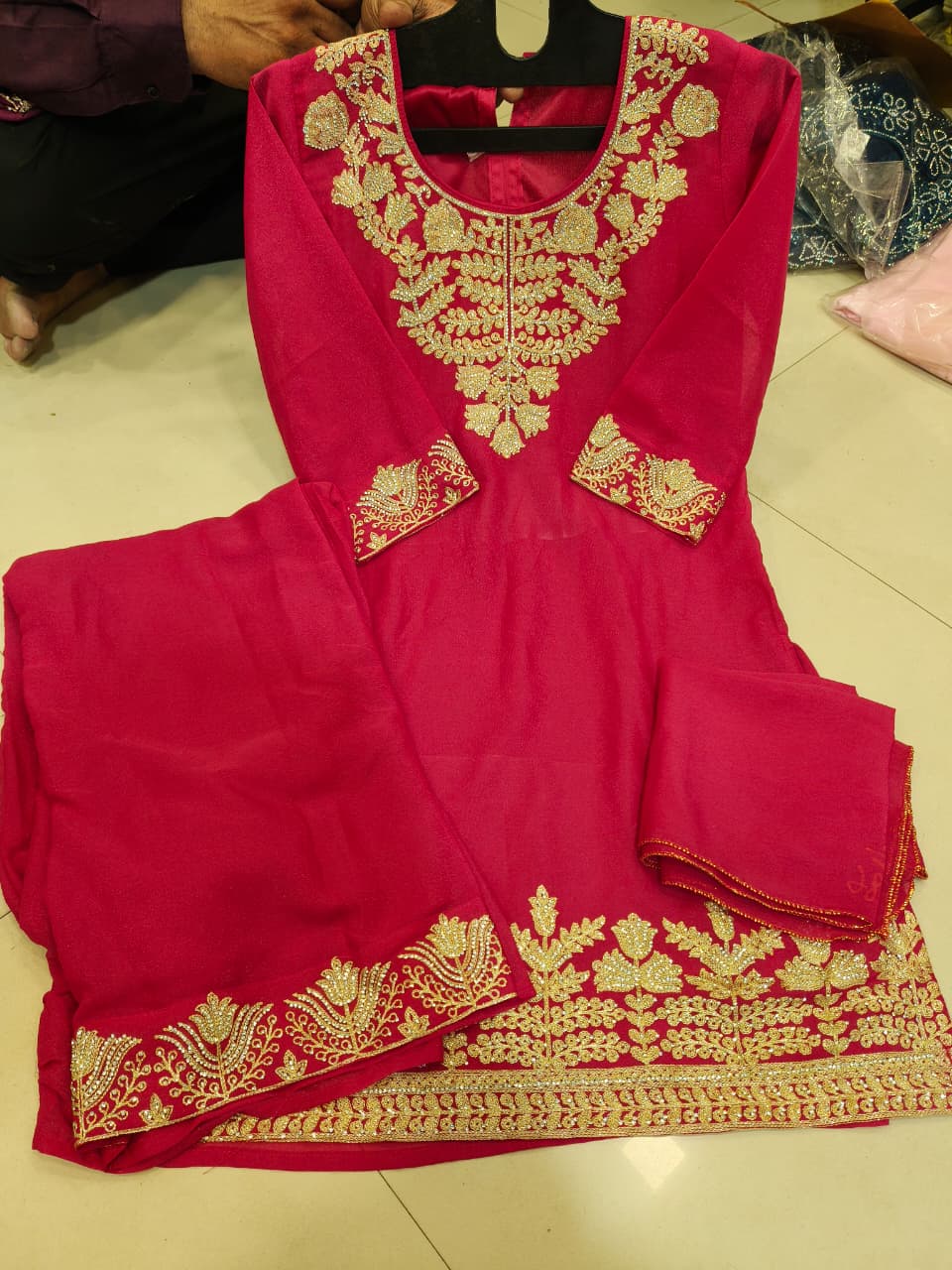Kids Heavy Stylish Dimond And Zari Work Dress Red - view 2