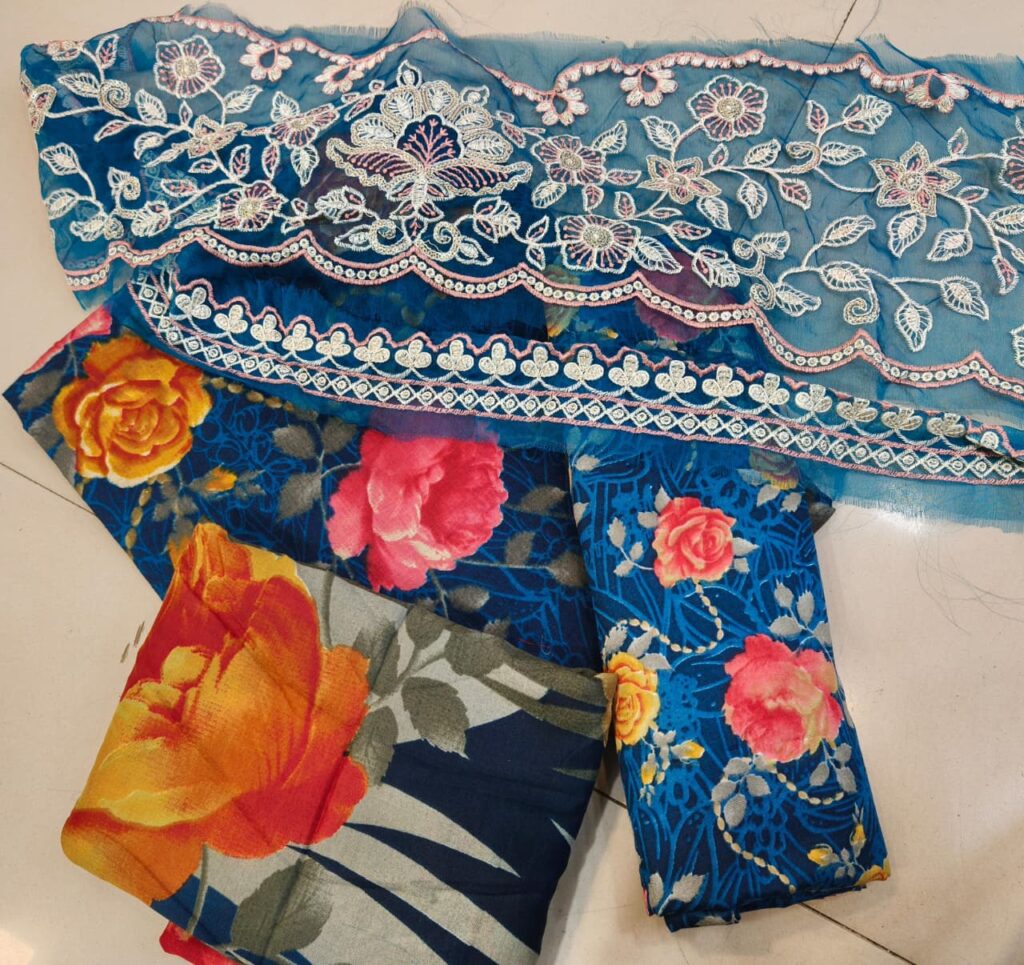 Unstiched Pakistani Pach Work Dress Floral Print Blue - Mahira Fashion