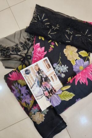 unstiched pakistani pach work dress  floral print black-mahira fashion