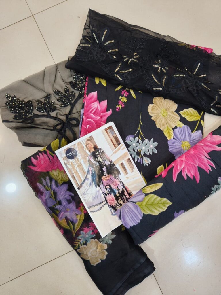Unstiched Pakistani Pach Work Dress Floral Print Black - Mahira Fashion