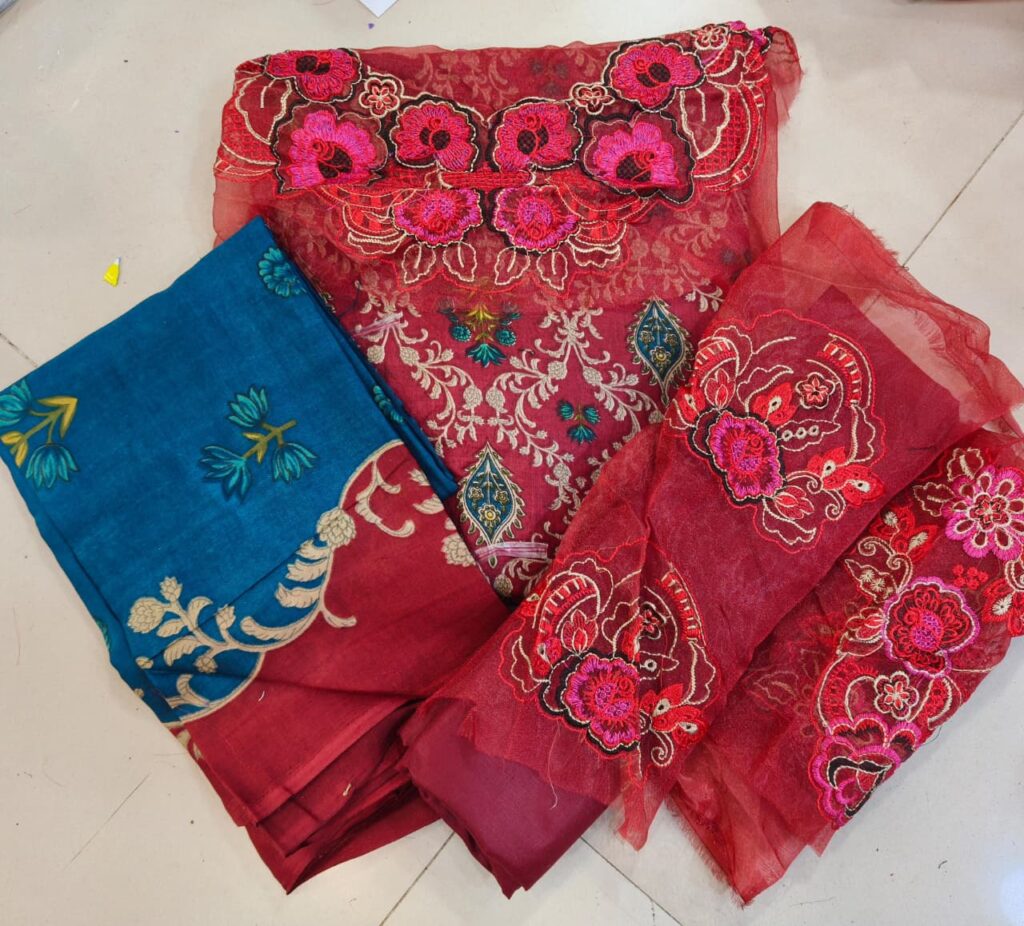 Unstiched Pakistani Pach Work Dress Floral Print Red - Mahira Fashion