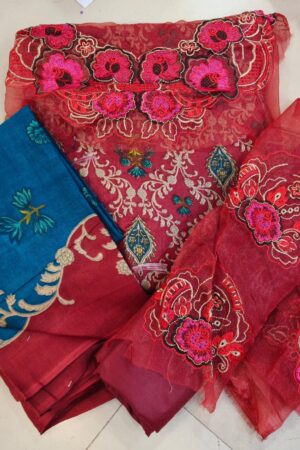 unstiched pakistani pach work dress floral print red-mahira fashion