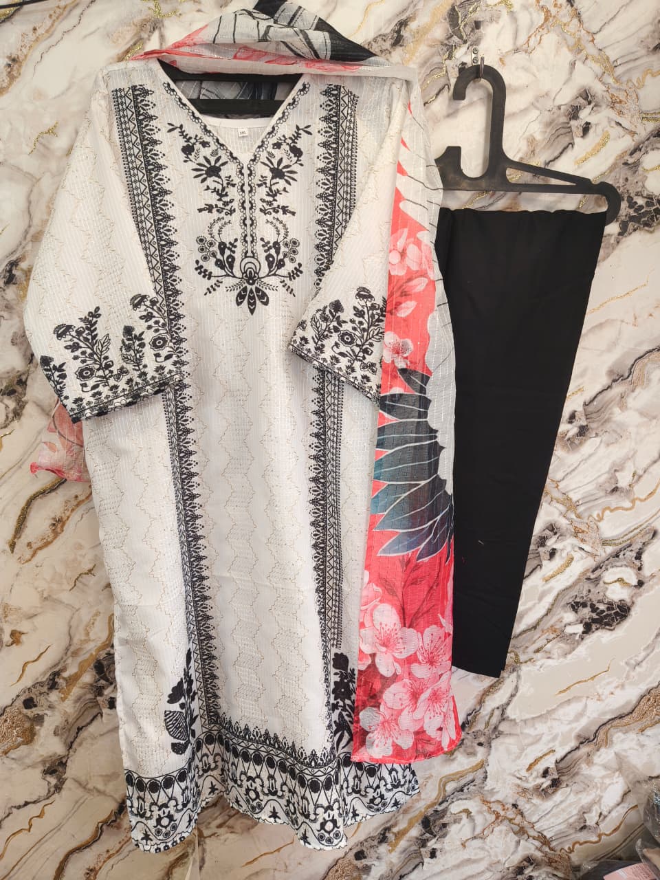 stiched dress digital print with transparent sequence black white-mahira fasahion