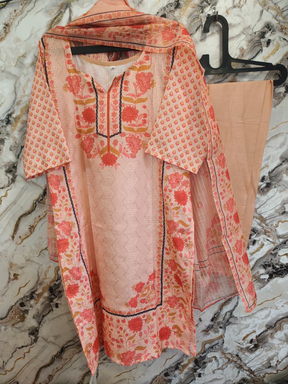 stiched dress digital print with transparent sequence peach-mahira fasahion