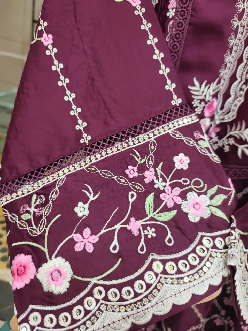 Royal Plum Floral Embroidered 3-Piece Suit Set - Heavy Pakistani Suit by Mahira Fashion - View 4