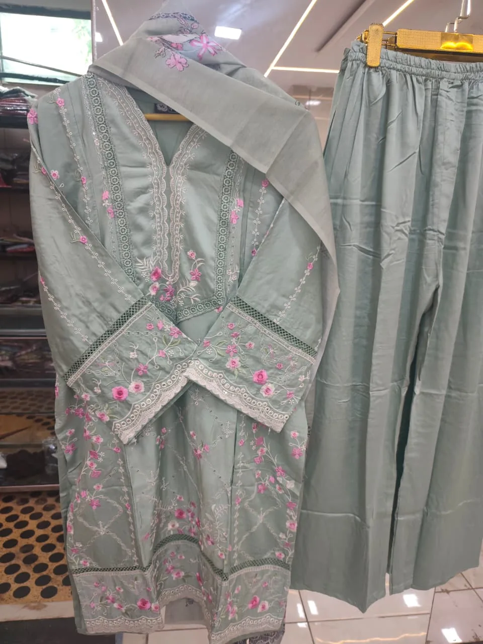 Sage Blossom Embroidered 3-Piece Suit Set - Heavy Pakistani Suit by Mahira Fashion - View 3