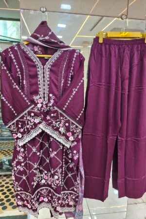 💜 Royal Plum Floral Embroidered 3-Piece Suit Set ✨