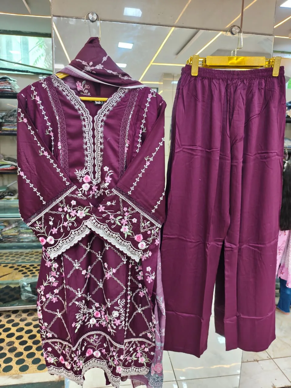 Royal Plum Floral Embroidered 3-Piece Suit Set - Heavy Pakistani Suit by Mahira Fashion - View 2