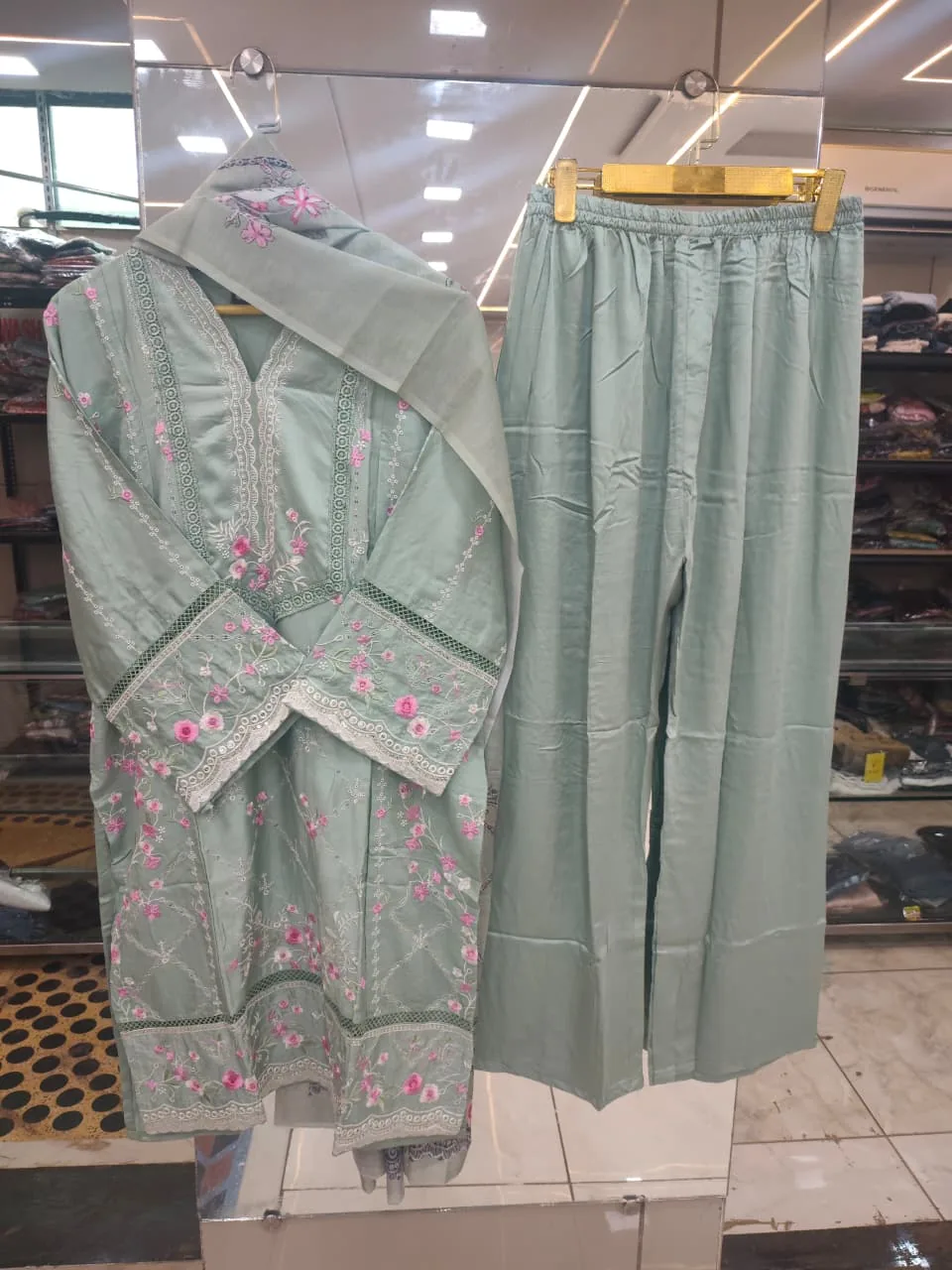 Sage Blossom Embroidered 3-Piece Suit Set - Heavy Pakistani Suit by Mahira Fashion - View 2