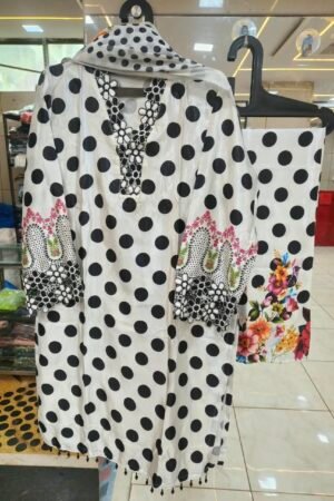 ✨ Premium Silk Satin Polka Floral Pakistani Stitched Suit Set ⚪⚫🌸