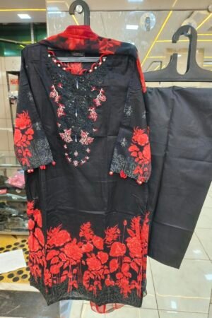 🌹 Black & Red Floral Embroidered Pakistani Suit