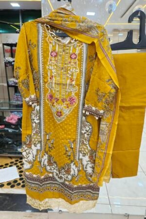 💛 Mustard Floral Embroidered 3-Piece Suit ✨