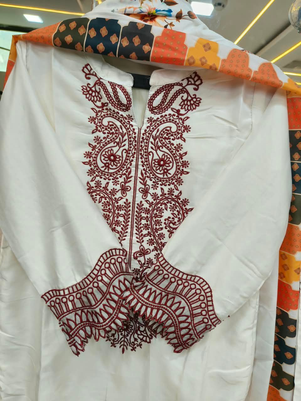 Pristine Ivory & Maroon Embroidered Kurti Set 🤍✨ - Image 3