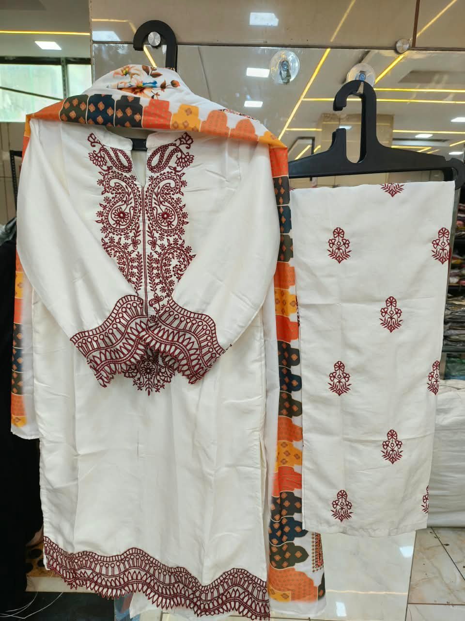 Pristine Ivory & Maroon Embroidered Kurti Set 🤍✨