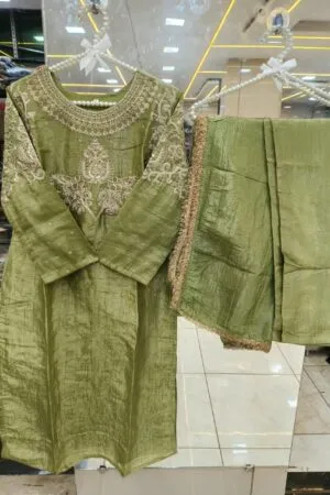 Olive Zari Grace Kurti Set - Heavy Pakistani Suit by Mahira Fashion - View 2
