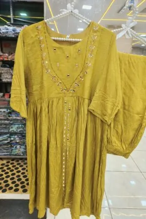 Mustard Yellow Mirror-Work Viscose Kurti-Pant - Heavy Pakistani Suit by Mahira Fashion