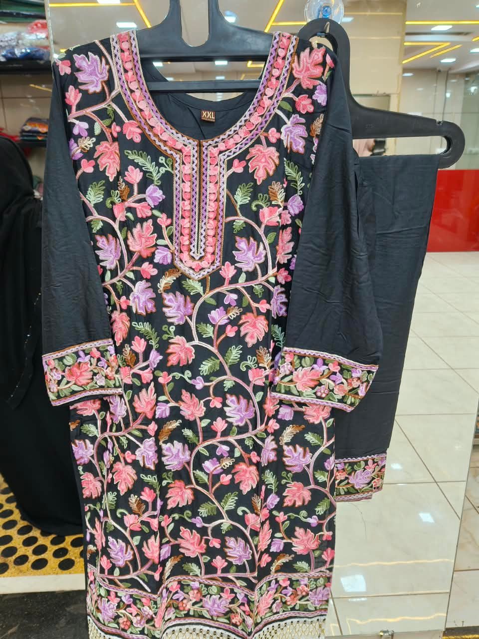 Black Kashmiri Bloom Rayon Set - Pakistani Stitched Suit by Mahira Fashion - View 2