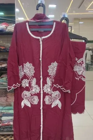 Burgundy Petal Schiffli Set - Heavy Pakistani Suit by Mahira Fashion - View 2
