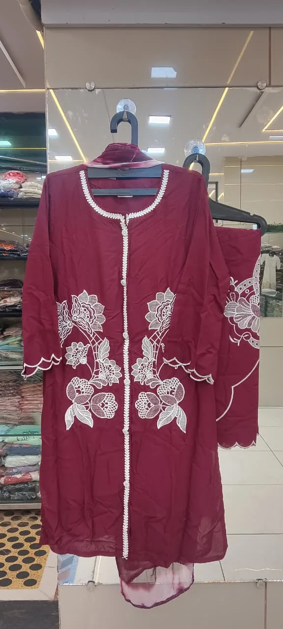 Burgundy Petal Schiffli Set - Heavy Pakistani Suit by Mahira Fashion - View 2