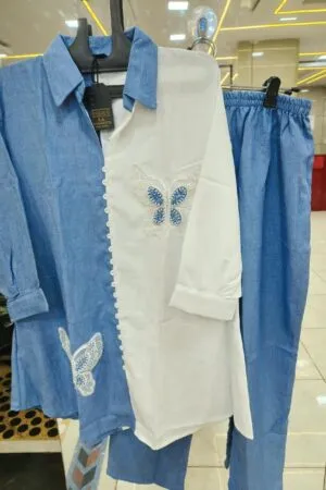 Sky Blue Dual-Tone Butterfly Shirt & Trousers Co-Ord Set - Co-ord Set for Women by Mahira Fashion - View 2