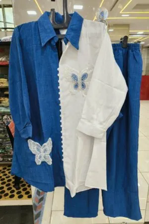 Royal Blue Dual-Tone Butterfly Shirt & Trousers Co-Ord Set - Co-ord Set for Women by Mahira Fashion - View 2
