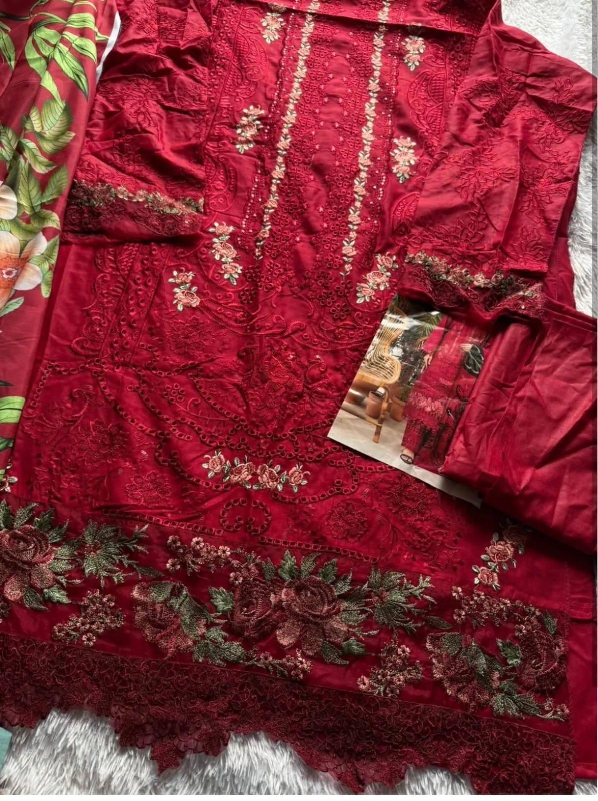 🌹 Royal Crimson Floral Heavy Cotton Unstitched Dress Material ✨