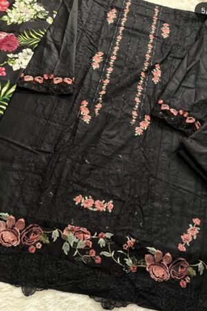 ✨ Jet Black Floral Heavy Cotton Unstitched Dress Material with Dupatta 🌸