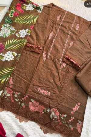 🤎 Mocha Blossom Heavy Cotton Unstitched Embroidered Suit Set 🌸